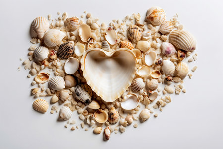 Heart shape composition of seashells on the white background, flatlay, Generative AIの素材