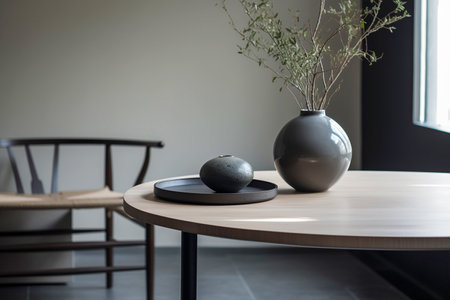 Gray ceramic vases on a round wooden interior table, Generative AIの素材