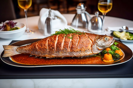 Whole grilled fish served in a luxury restaurant, Generative AIの素材