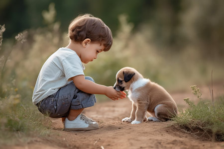 cute puppy kissing adorable toddler outside in summerの素材