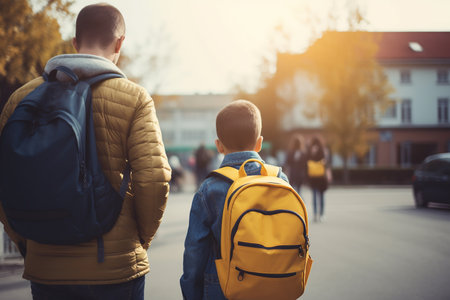 Father and little son in front of a school at the first school day, Generative AIの素材