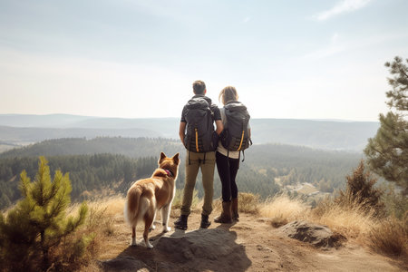 Young couple hiking with a big dog, back view, Generative AIの素材
