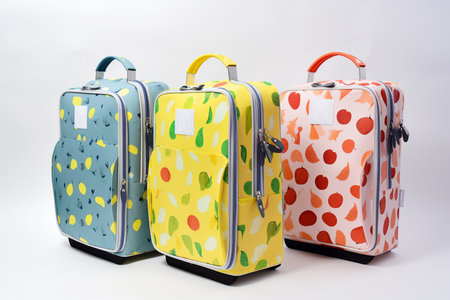 Three bright design schoolbags on white background, Generative AIの素材