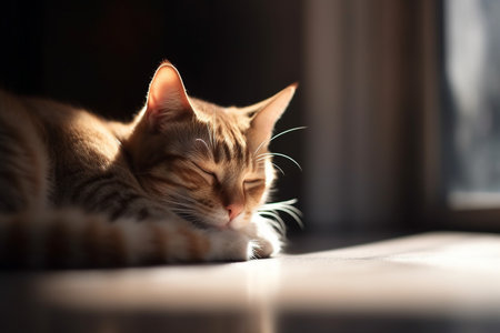 Cat sleeping in a sun beam, Generative AIの素材