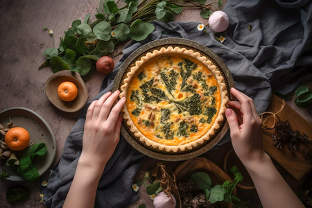 Woman's hands holding mini quiche made of broccoli, flatlay, Generative AIの素材