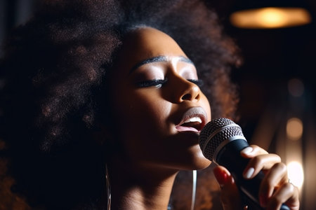 Afro-american woman singing pop, closeup, Generative AIの素材