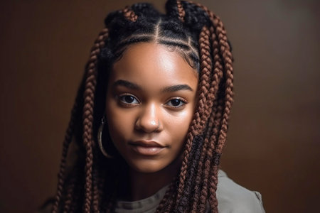 Pretty young afro-american woman with colorful braids on the brown background, Generative AIの素材