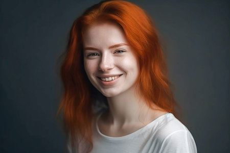 Pretty redhead young woman closeup on the gray background, Generative AIの素材