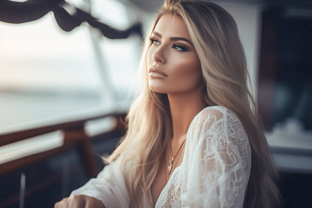 Young beautiful long hair blonde woman relaxing on a yacht, Generative AIの素材