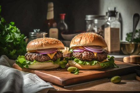 Preparing burger at home, closeup, Generative AIの素材