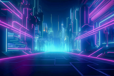 Abstract futuristic city in neon colors, Generative AIの素材