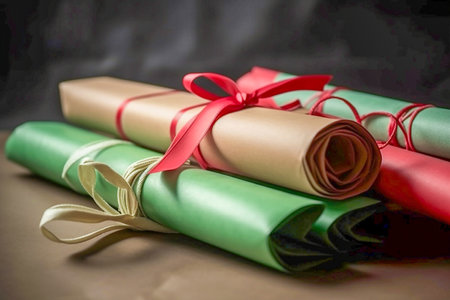 Colorful red, pink and green wrapping paper rolls, Generative AIの素材