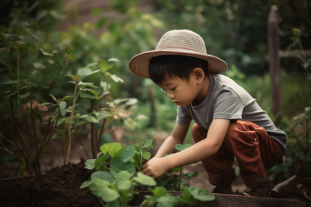 Asian little boy planting in a garden, Generative AIの素材