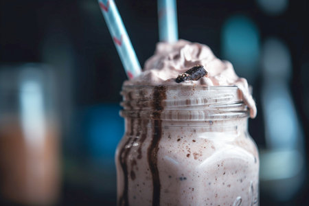 Milkshake with chocolate closeup in iridescent colors, Generative AIの素材