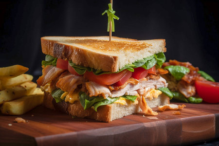 Club sandwich with french fries on dark background, Generative AIの素材