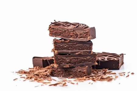 Stack of broken chocolate bars with flakes on white background, Generative AIの素材