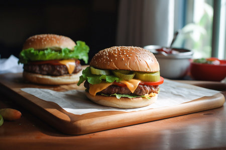 Making burger at home, closeup, Generative AIの素材