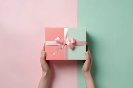 Female hands holding small gift box in pink and mint green colors on the pastel background, top view. Generative AIの素材