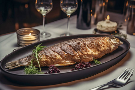 Whole grilled fish served in a restaurant, Generative AIの素材