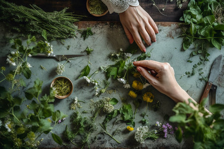 Two women preparing useful herbs and edible flowers, top view, Generative AIの素材