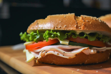 Big homemade sandwich closeup at the kitchen, low key, Generative AIの素材