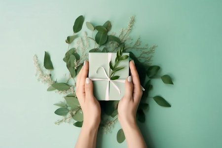 Woman hands holding giftbox decorated with green leaves, flat lay, Generative AIの素材
