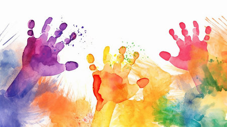 Kids hands colorful prints on white background, watercolor, copyspace, Generative AIの素材