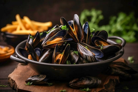 Portion of mussels with french fries, closeup, Generative AIの素材