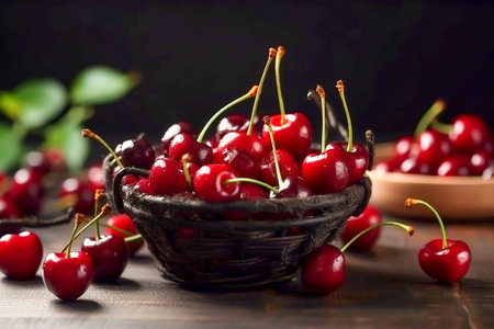Small bowl with cherries closeup, Generative AIの素材