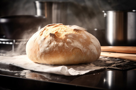 Fresh hot homemade bread on a kitchen table, Generative AIの素材