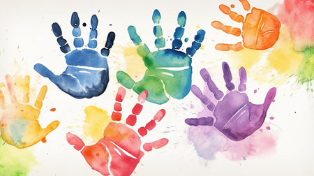 Kids hands colorful prints on white background, watercolor technique, Generative AIの素材