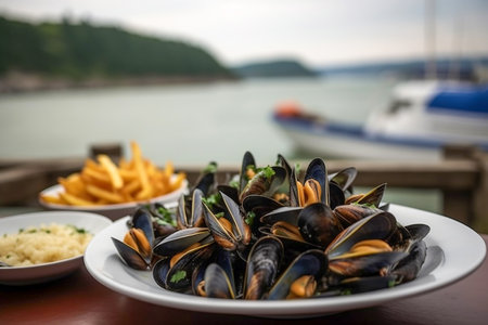 Mussels and french fries served on a boat with the port view, Generative AIの素材