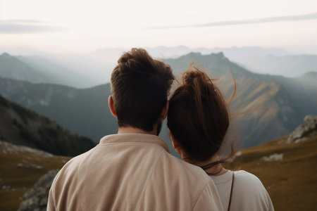 Young couple admiring beautiful mountains, back view, closeup, Generative AIの素材