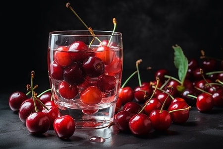 Transparent glass with fresh juicy cherries, Generative AIの素材