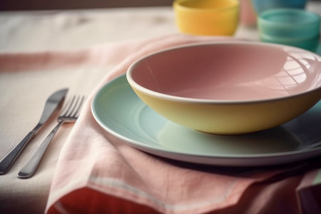 Empty set in pastel colors on a table, cozy atmosphere, Generative AIの素材