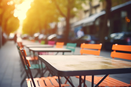 Empty tables in a street cafe, Generative AIの素材