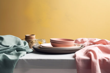 Stack of empty ceramic dishes a table, napkin, pastel colors, cozy atmosphere, Generative AIの素材