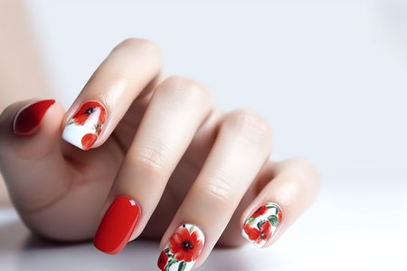 Poppy flower design on a woman fingernails, summer manicure idea, Generative AIの素材