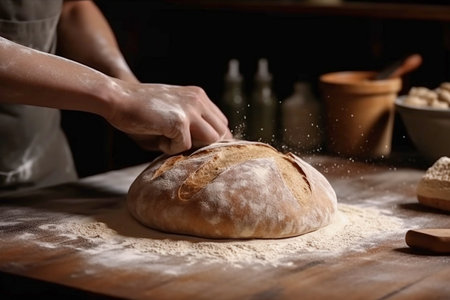 Making homemade bread, hands close up, Generative AIの素材