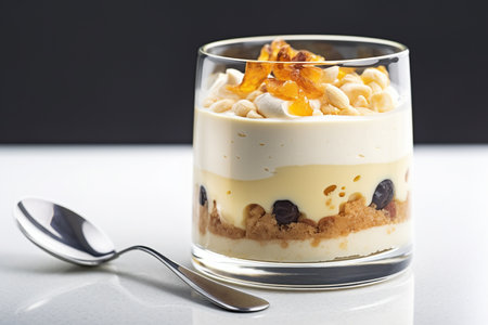 Portion of vanilla cheesecake in a transparent glass, Generative AIの素材