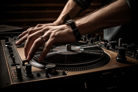 Afro american DJ hands playing music closeup, Generative AIの素材