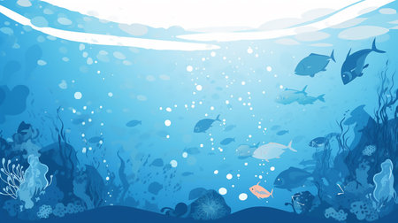 Underwater world, light, air bubbles, cartoon style, banner design, Generative AIの素材