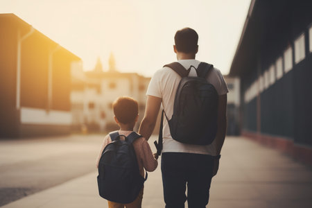 Parent leading his kid at school, back to school concept, back view, Generative AIの素材
