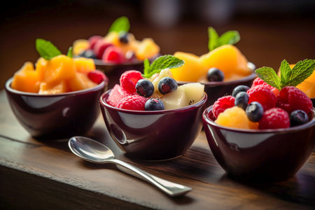 Fruit salad mini portions in ceramic bowls closeup, Generative AIの素材