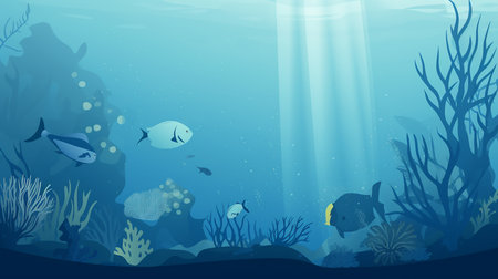 Underwater world with rays of light, cartoon style, banner design, Generative AIの素材
