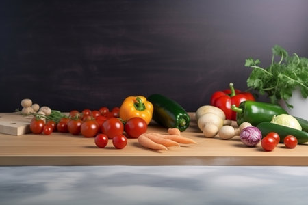 Wooden cutting board with carrots, tomato cherries, bell peppers, Generative AIの素材