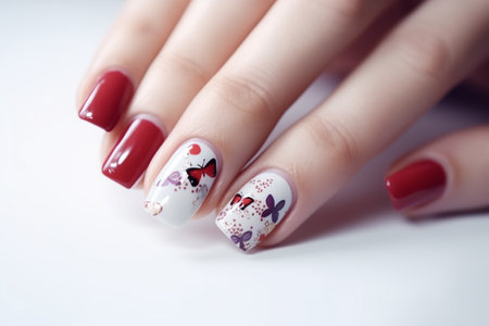 Art design on woman hands with summer butterflies on every nail, Generative AIの素材