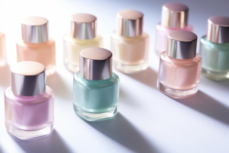 Assortment of pastel colors nail polish, hard light, Generative AIの素材
