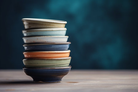 Stack different colors ceramic bowls on the dark blue background, Generative AIの素材
