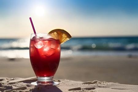 Glass of cocktail on the beach, back light, Generative AI